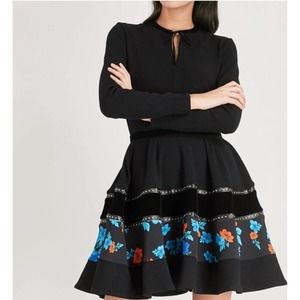 Maje Rafa Ponte Floral Flared Black Velvet Embellished Crepe Mini Dress Small